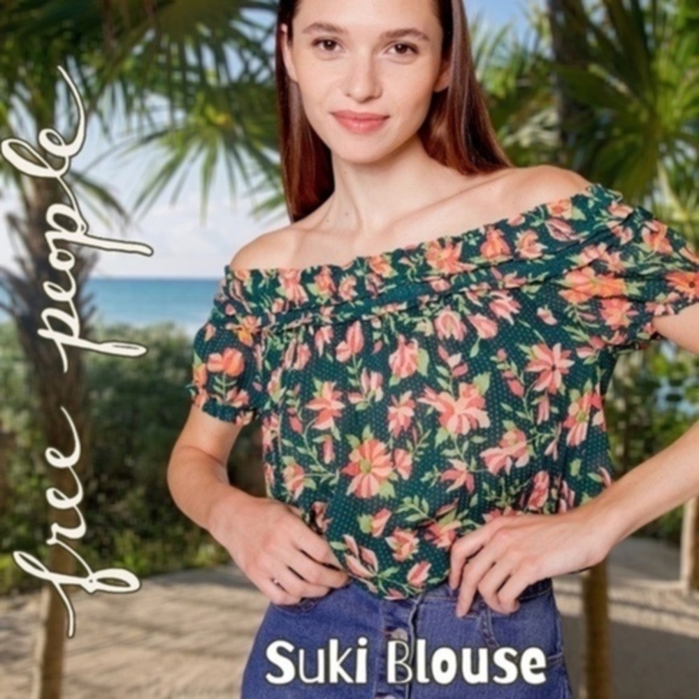 FREE PEOPLE Suki Floral Print Short-Puff-Sleeve Off-The-Shoulder Top MD NWT